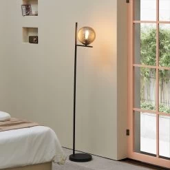 Lindby Denva Lampadaire Verre Fumé, Sphère Grise