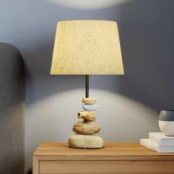Lampe Vera, Abat-jour Tissu Et Décor Pierre, 38 cm