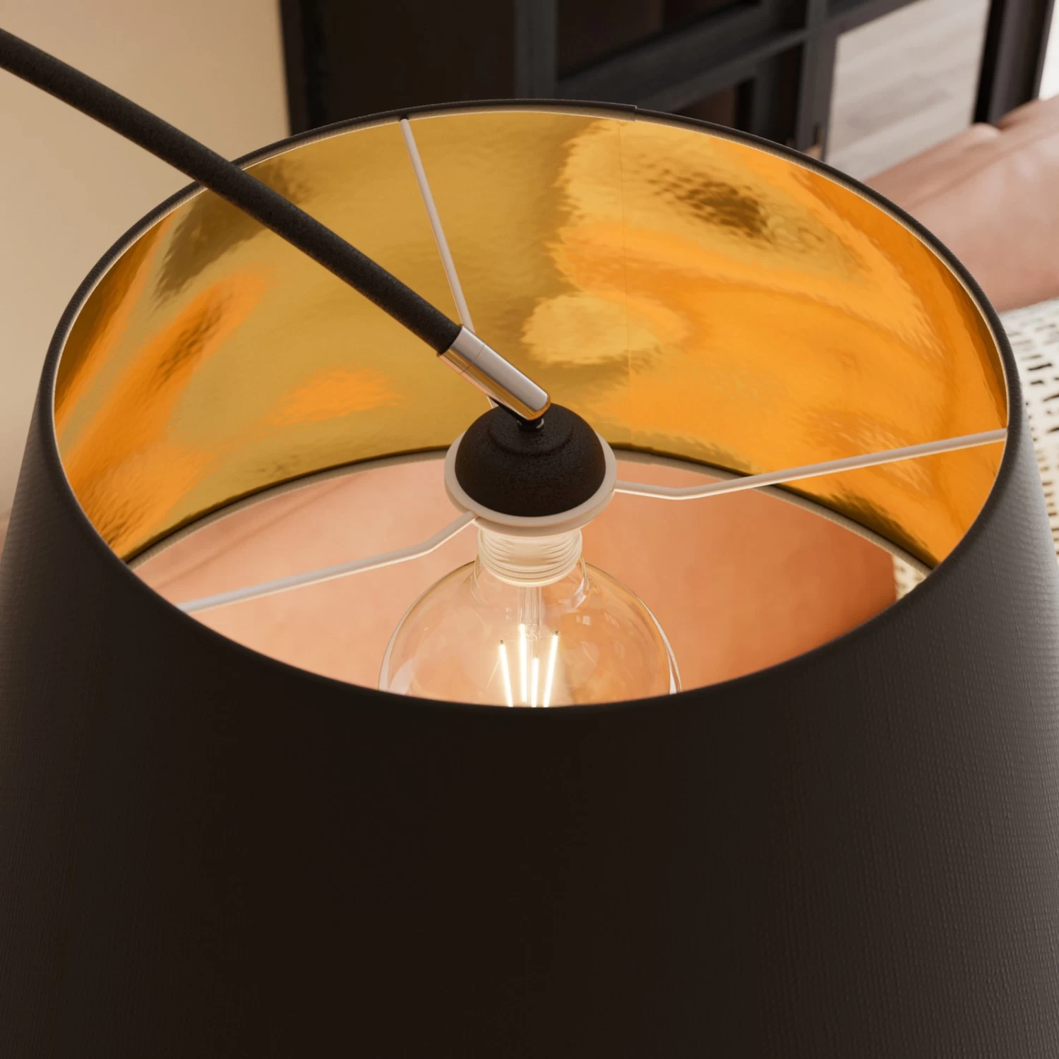 Lampadaire Arqué Esti Abat-jour Tissu, Noir-doré 9 Lampadaire Arqué Esti Abat-jour Tissu, Noir-doré – Image 9