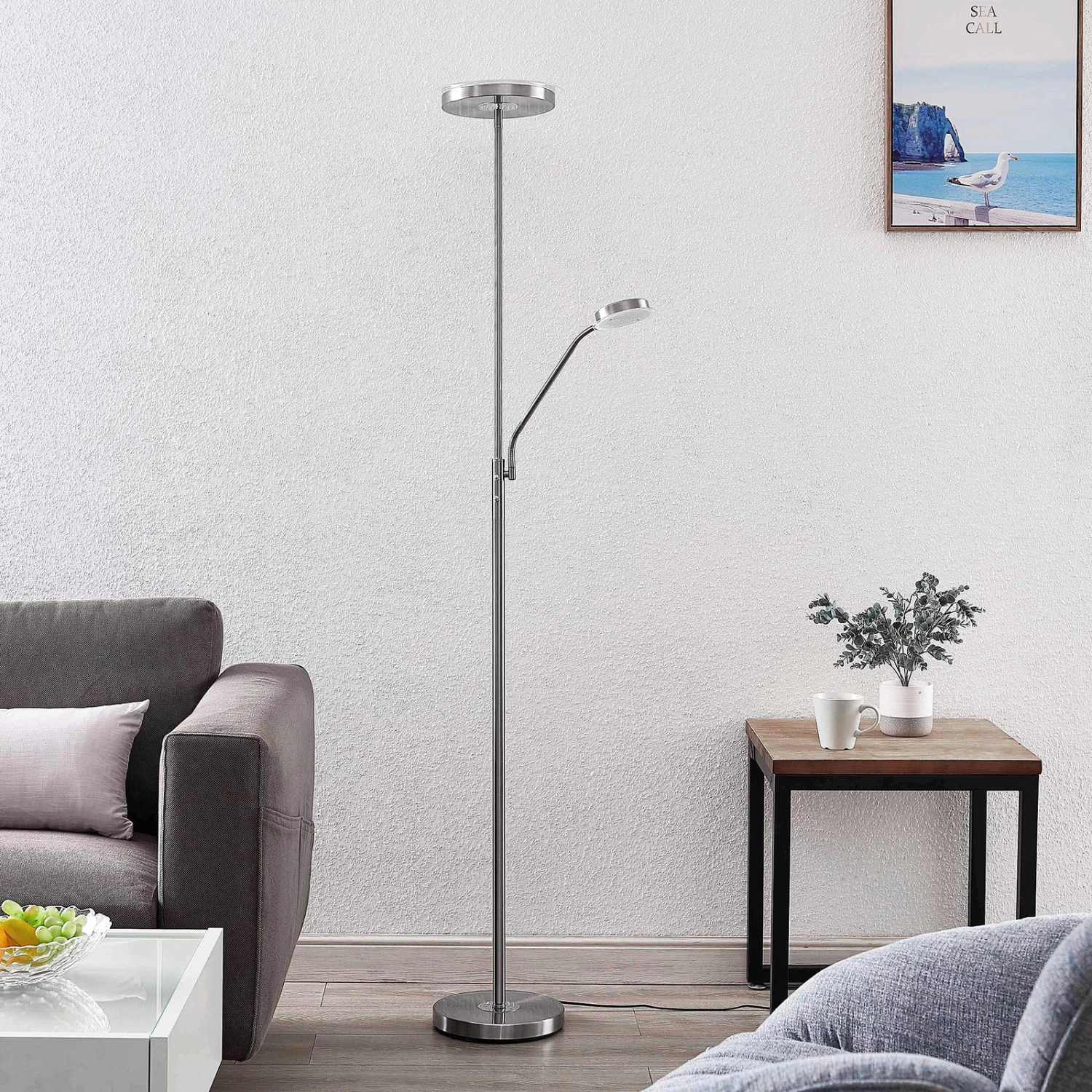 Lindby Sumani Lampadaire LED, Rond, Nickel 2 Lindby Sumani Lampadaire LED, Rond, Nickel – Image 2